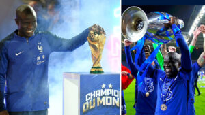 N'Golo Kante with his World Cup and Champions League Trophy