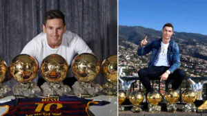Messi and Ronaldo with their valuable prizes