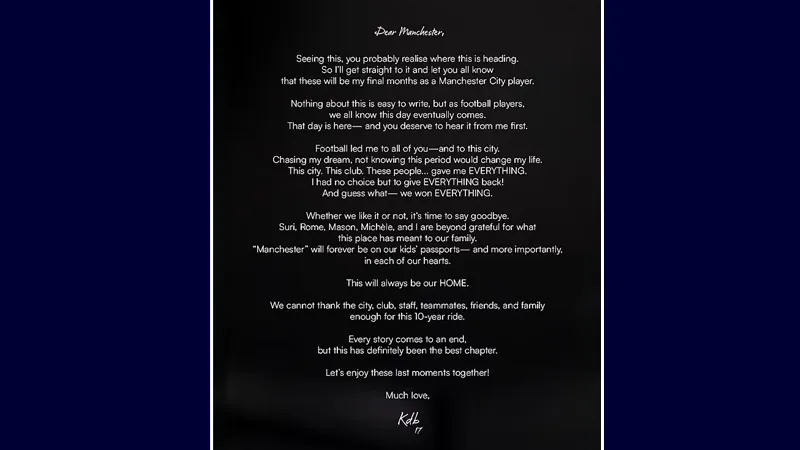 De Bruyne emotional letter to fans