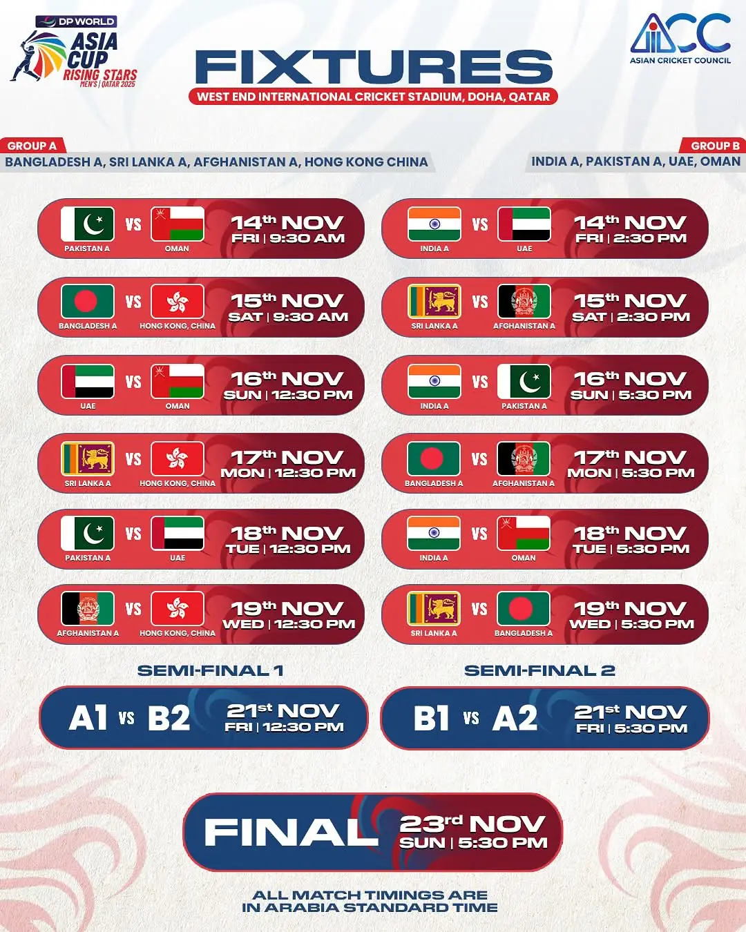 The Asia Cup Rising Stars Tournament full schedule