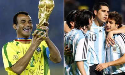 Former footballers of Argentina and Brazil; with World Cup winner Cafu