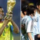 Former footballers of Argentina and Brazil; with World Cup winner Cafu