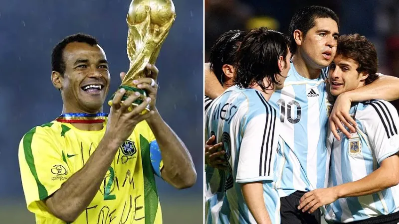 Former footballers of Argentina and Brazil; with World Cup winner Cafu