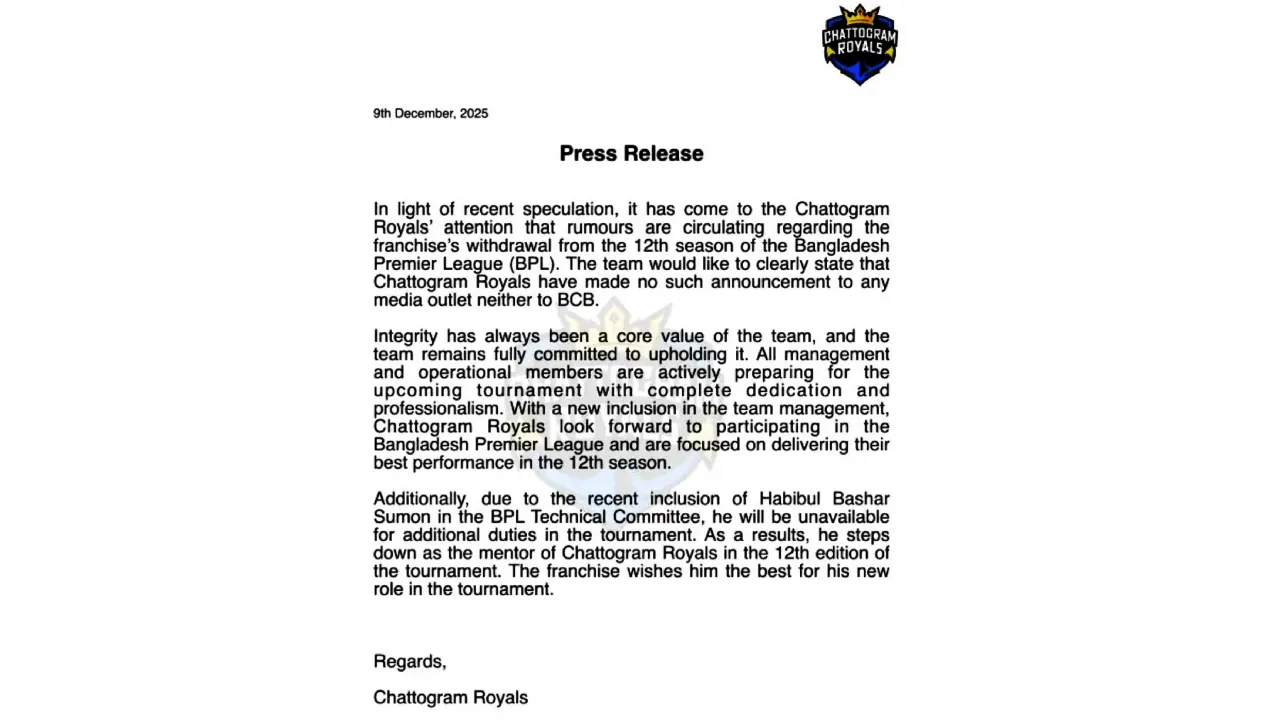 press release of Chattogram royals