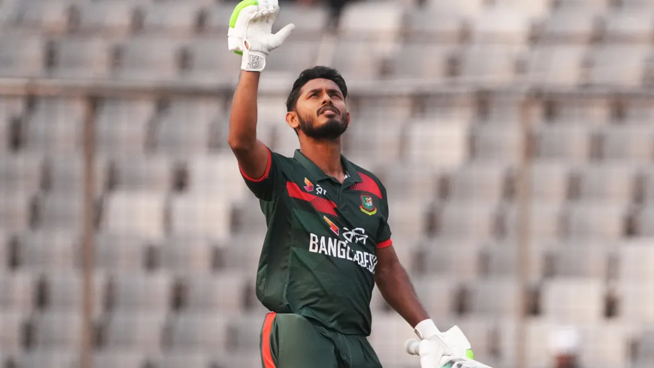 Tanzid Hasan Tamim celebrates his maiden century
